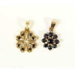 A 9ct gold sapphire and diamond cluster pendant and a 9ct gold sapphire pendant, 3gm