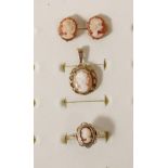 A 9ct gold cameo set ring, P, and a matching pendant and earstuds, 4.4gm