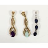 A 9ct gold opal drop pendant, a similar amethyst example and a sapphire pendant, 2.5gm.