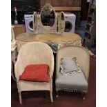 Lloyd Loom style furniture to include, three bedroom chairs, clothes basket, shelf unit, blanket