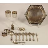 A William IV silver set of six teaspoons, London 1834, three silver napkin rings and other silver