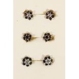 Three pairs of 9ct gold sapphire cluster ear studs