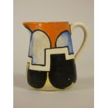 Clarice Cliff, Bizarre, a geometric tankard cream jug, c.1929, hand painted in orange, black and