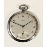 Zenith, a stainless steel manual wind pocket watch, silvered dial with Arabic numerals, the signed