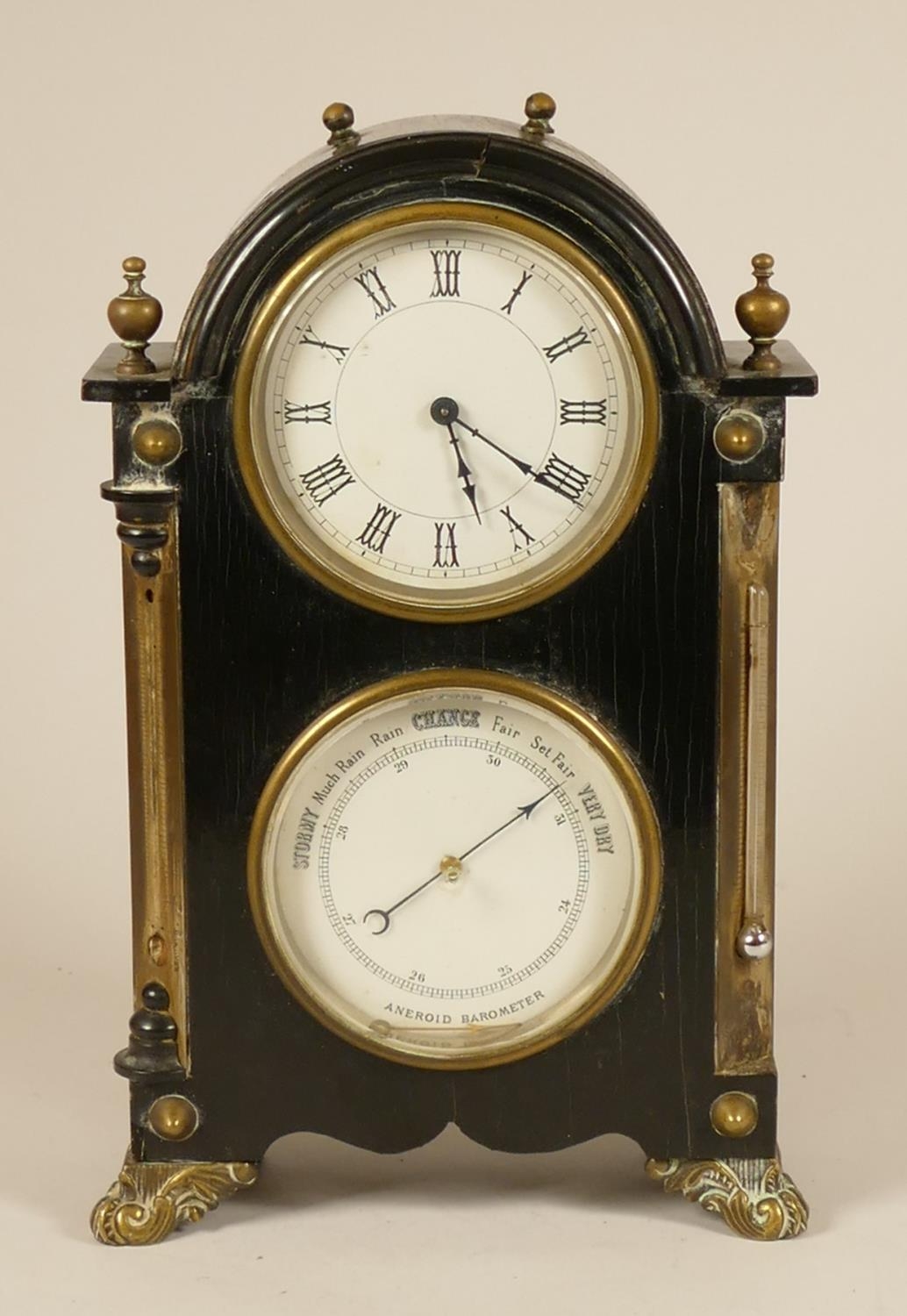 A 19th century ebonised mantel clock/barometer, with white enamel dials, the movement signed D.H,