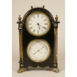 A 19th century ebonised mantel clock/barometer, with white enamel dials, the movement signed D.H,