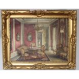 19th century Continental school style, ornate drawing room, indistinctly signed, oil on canvas, 80 x