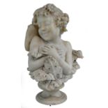 A 19th century alabaster bust of a cherub emerging from foliage, raised on a pedestal, 52 cm