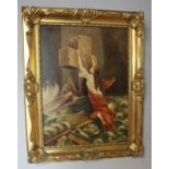 19th century Continental school style, lady holding onto a stone cross in a ship wreck, unsigned,