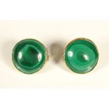 A pair of 9ct gold and malachite cabochon ear clips, stamped 9ct, diameter 21mm, 13.7gm