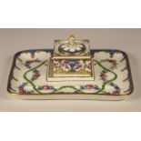 A Dresden porcelain ink well and tray, floral and gold detailing, signed to base, tray 20 x 16 cm,