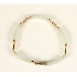 A Chinese jade (untested) and gold panel link bracelet, the connectors with character mark panels,