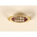 A Victorian 15ct gold ruby and half pearl ring, Birmingham 1895, one setting vacent, ) 1/2, 2.8gm.