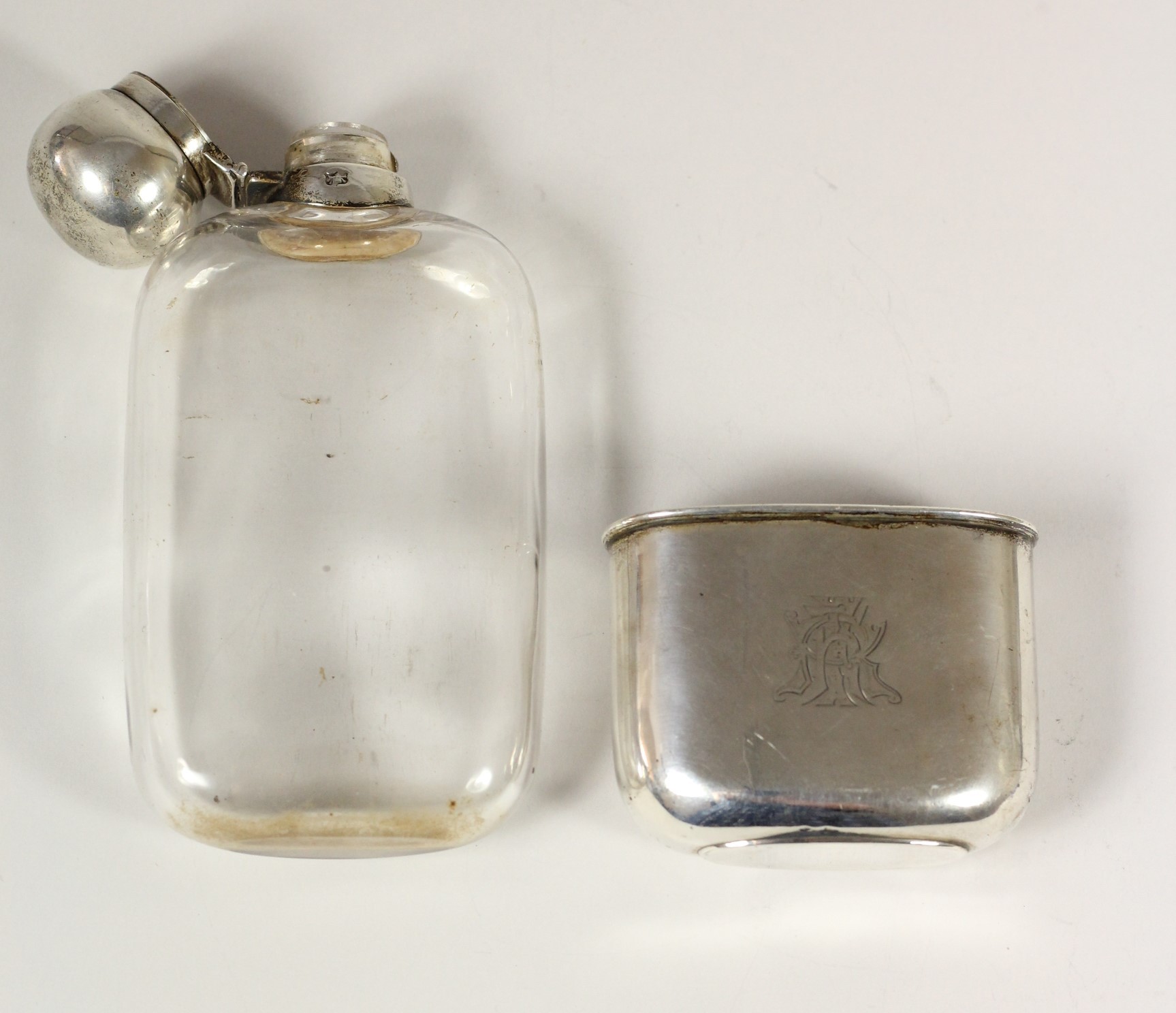 A Victorian silver and glass hip flask, by Dixon & Sons, Sheffield 1887, twist bayonet cap, pull off - Image 2 of 4