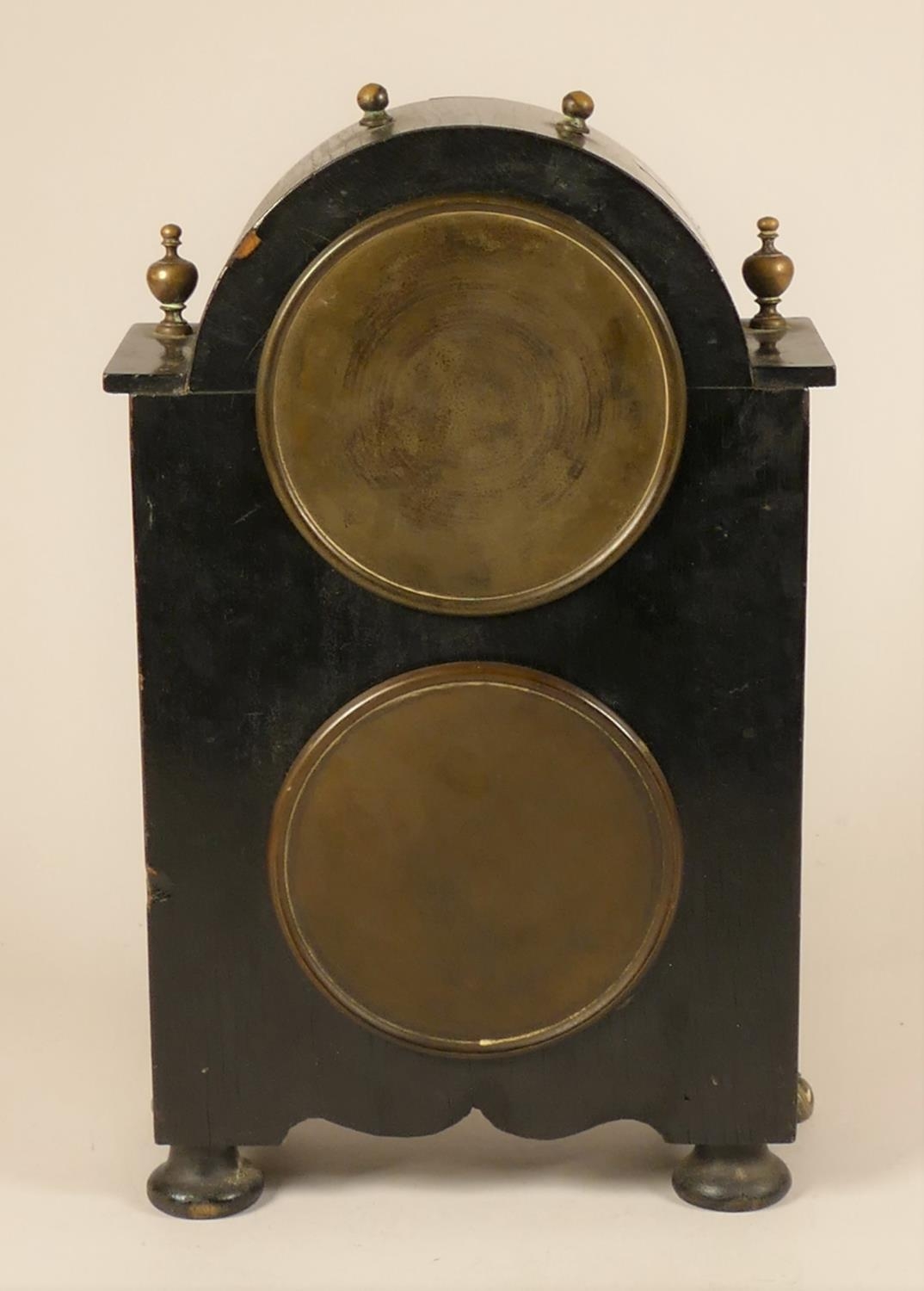 A 19th century ebonised mantel clock/barometer, with white enamel dials, the movement signed D.H, - Image 6 of 11