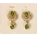 A pair of Edwardian gold, peridot and half pearl ear studs, unmarked, later stud fitting, overall