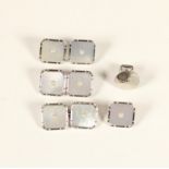 An Art Deco 9ct white gold, mother of pearl and half pearl dress set, comprising cufflinks, 3 x