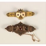 An Edwardian 9ct gold red paste and half pearl panel brooch, Birmingham 1905 and a Victorian