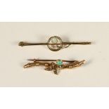 An Edwardian 15ct gold and opal bar brooch and a Victorian gold, turquoise and pearl bar brooch,