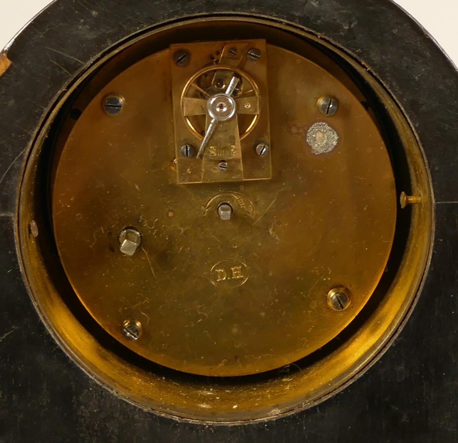A 19th century ebonised mantel clock/barometer, with white enamel dials, the movement signed D.H, - Image 8 of 11
