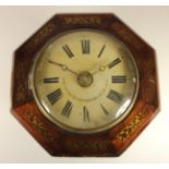 A 19th century mahogany and brass inlaid, postman's alarm clock with a 9" painted dial, and a