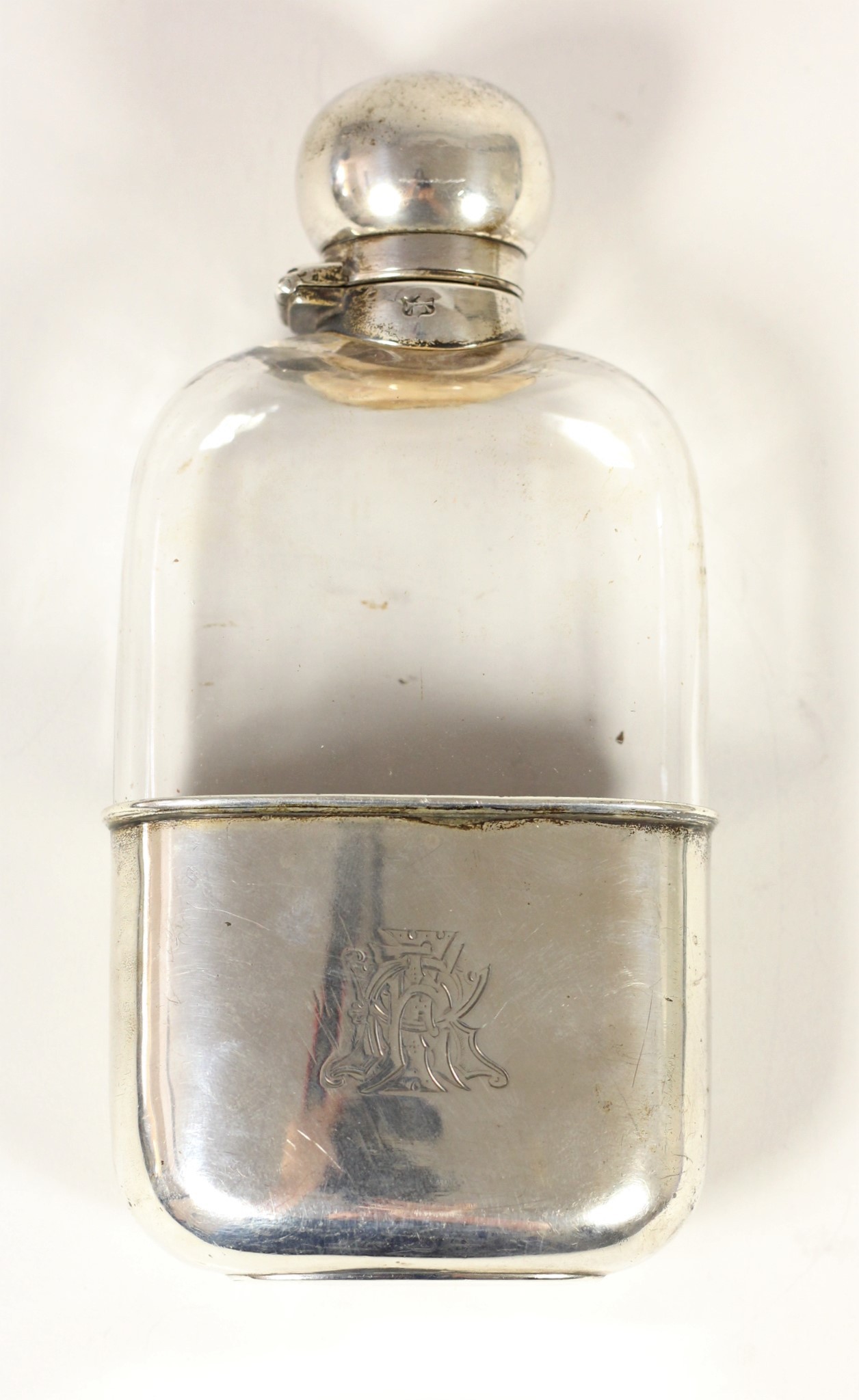 A Victorian silver and glass hip flask, by Dixon & Sons, Sheffield 1887, twist bayonet cap, pull off