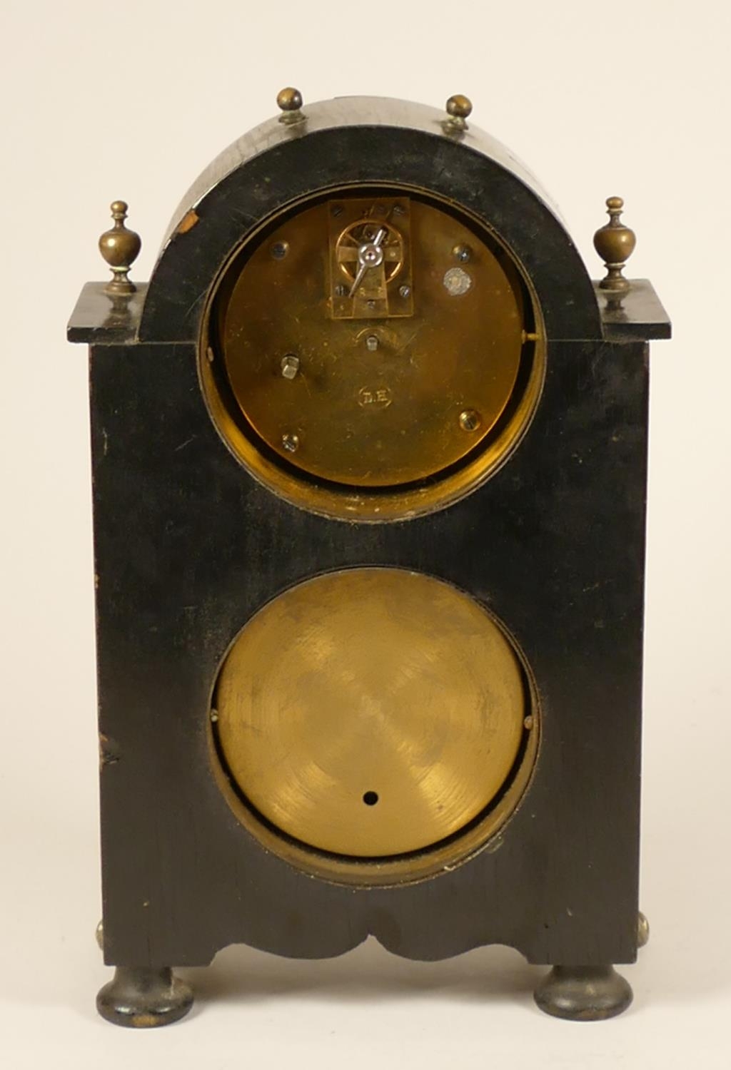A 19th century ebonised mantel clock/barometer, with white enamel dials, the movement signed D.H, - Image 7 of 11
