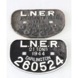 Two LNER 'D' wagon plates, 13 tons (1946 Darlington) 282326, and 21 tons (1944 Darlington) 260524