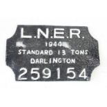 A LNER rectangular wagon plate with scalloped corners, 1944 13 tons Darlington 259154
