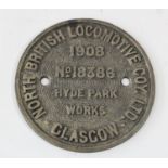 A round brass workplate, North British Loco.Co.Ltd, Glasgow, Hyde Park works 1908 No.18386 (possible