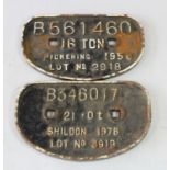 Two cast-iron 'D' wagon plates, Pickering 1956 16 tons B561460 and Shildon 1978 21 tons B346017