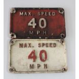 Two rectangular cast-iron plates, max speed 40 mph, both from a Cowand-Sheldon breakdown crane