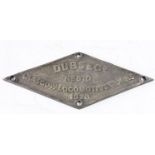 An alloy diamond workplate, Dubs&Co. Glasgow Locomotive Works 1876 No.910 (possible replica)