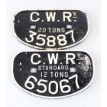 Two GWR 'D' wagon plates, 12 tons (65067) and 20 tons (35887)