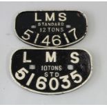 Two LMS 'D' wagon plates- 10 tons (516035) and 12 tons (514617)