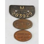 A 'D' wagon plate, M 12 tons 283929 and 2 small oval wagon plates, Birmingham R.C.&W Co.LTD,