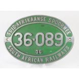 An oval aluminum South African dual-language, cabside number plate 36089, from a diesel-electric