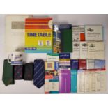 A box of railway timetables, rail network maps, 4 railway ties and sundry items