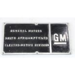 An aluminium South African G.M Loco Workplate, general motors, South African (PTY) LTD,