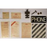 A box of sundry items to include, an enamel door sign (phone), black/white metal sign (diagonal