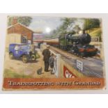 A modern metal sign entitled 'Trainspotting with Grandad', showing a GWR castle locomotive 4081 in a