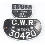 A GWR 'D' wagon plate, 10 tons (30420) and a 8 tons (100 GWR)