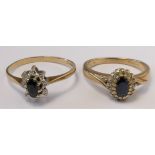 Two 9ct gold sapphire and diamond cluster rings, L and Q 1/2, 4.3gm