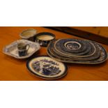 A Victorian blue & white transfer pottery serving platter "Wild Rose" pattern, bucolic scene of