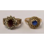 A 9ct gold garnet and white stone cluster ring, M and a 9ct gold blue and white stone ring with