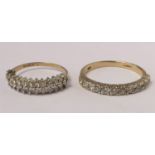 Two 9ct gold and white stone half eternity rings, S and M, 4.4gm