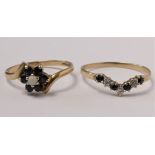 A 9ct gold sapphire and opal cluster ring, R and a 9ct gold sapphire and white stone ring, W, 3.1gm