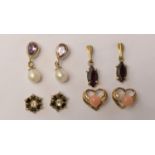 Four pairs of 9ct gold ear rings, coral, pearl, garnet and sapphire, 3.1gm