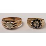 A 9ct gold gold single stone diamond ring, S and a 9ct gold sapphire and diamond cluster ring, M,