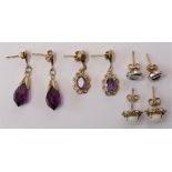 A pair of 9ct gold opal ear studs, a 9ct amethyst pair and two paste examples, 4.3gm.